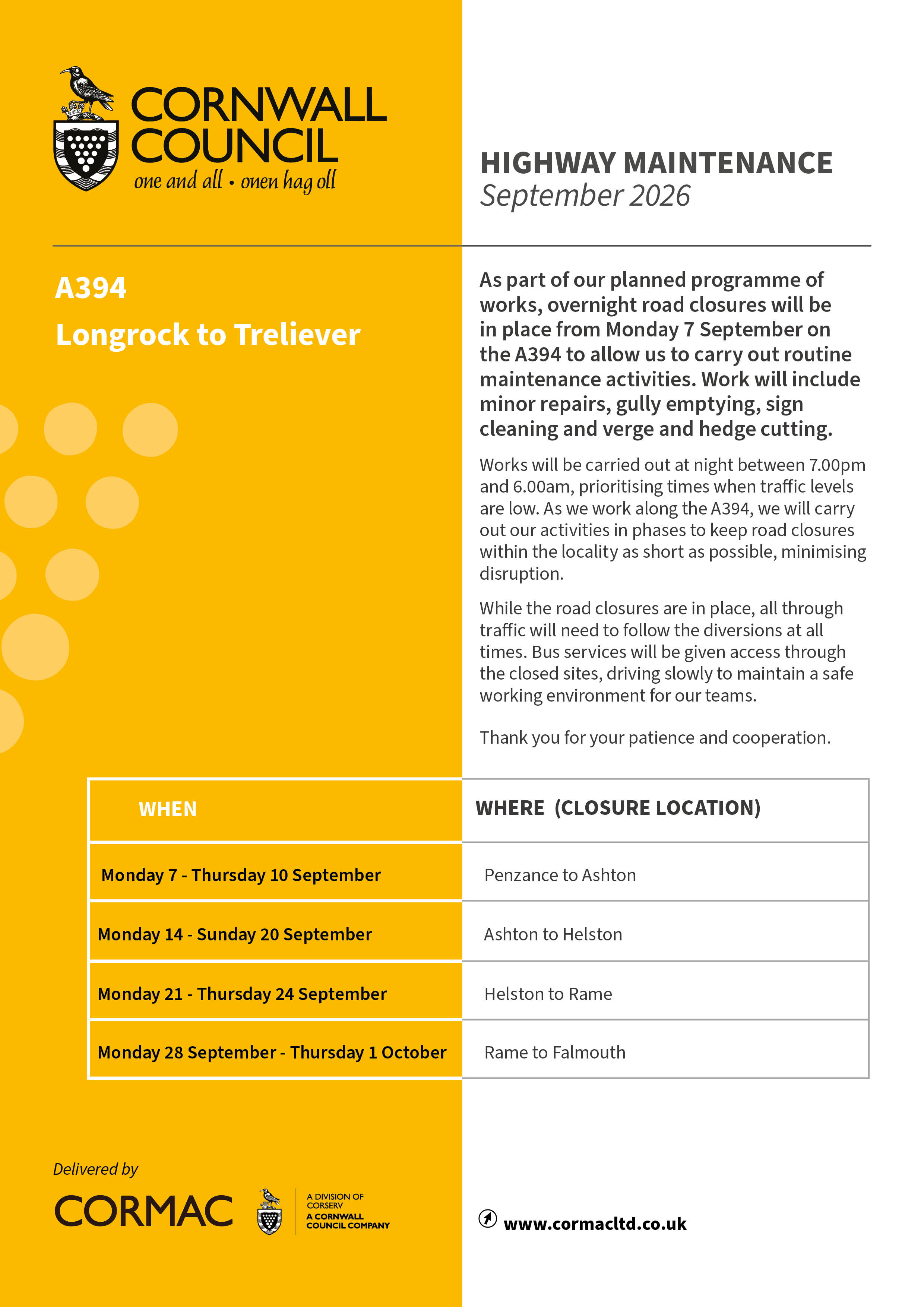 A394 maintenance programme